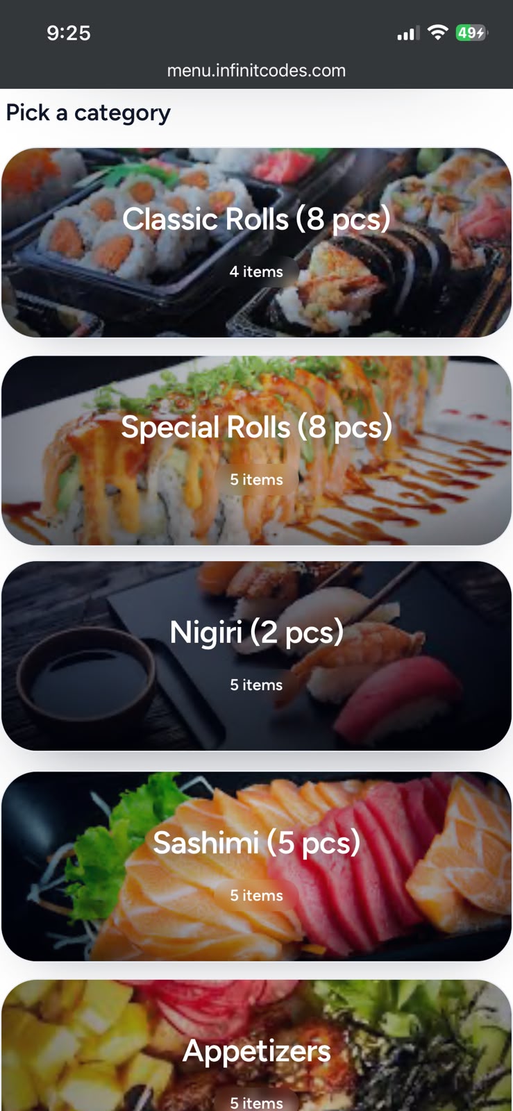 Menu categories preview