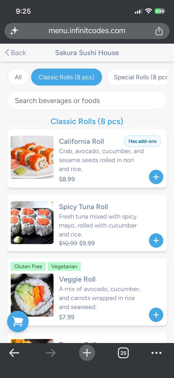 Menu items preview